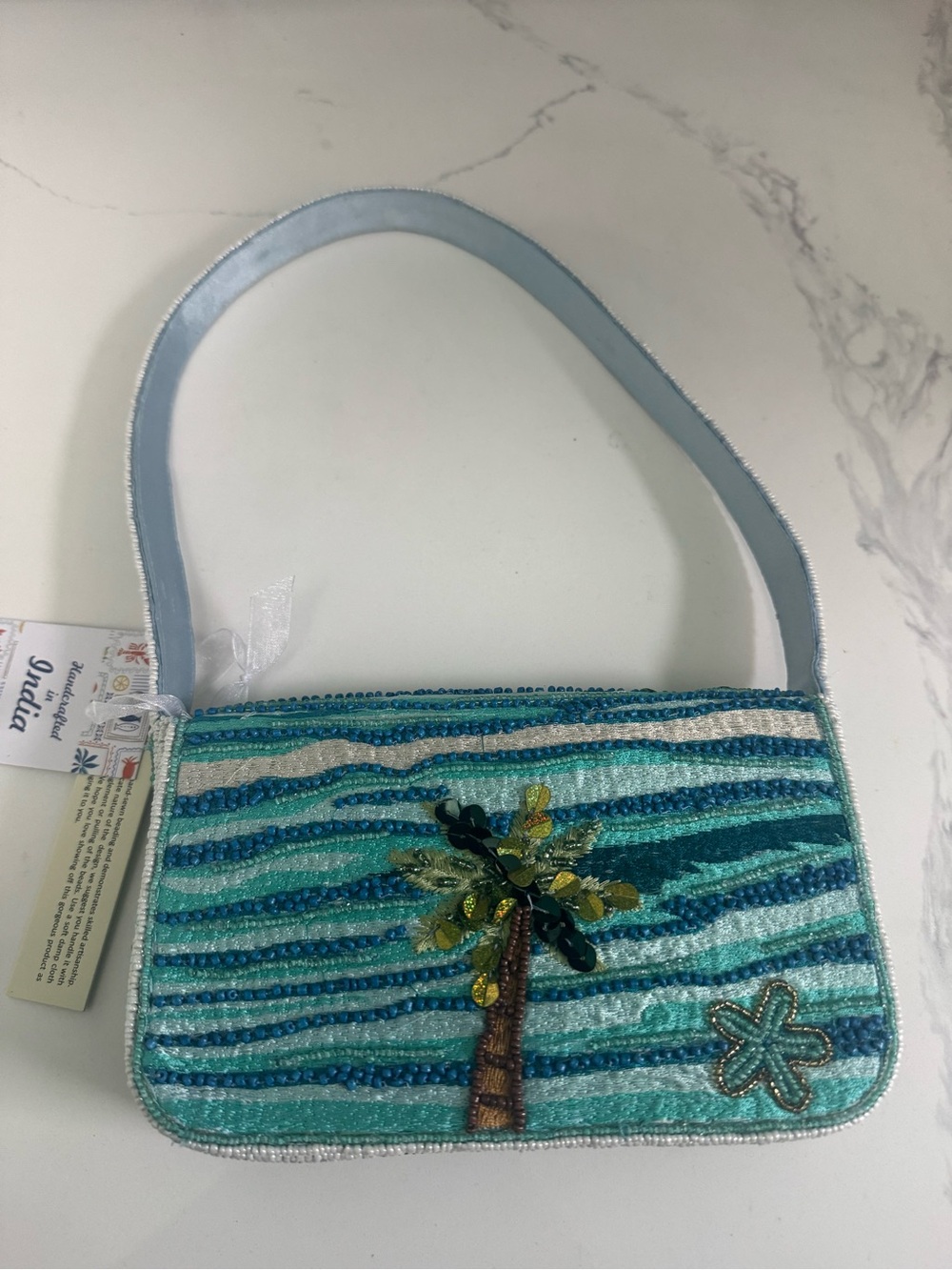Surfboards and Palm-Trees Sequin Beach Motif Small Shoulder Bag - Aqua Blue NWT! - Picture 7 of 7